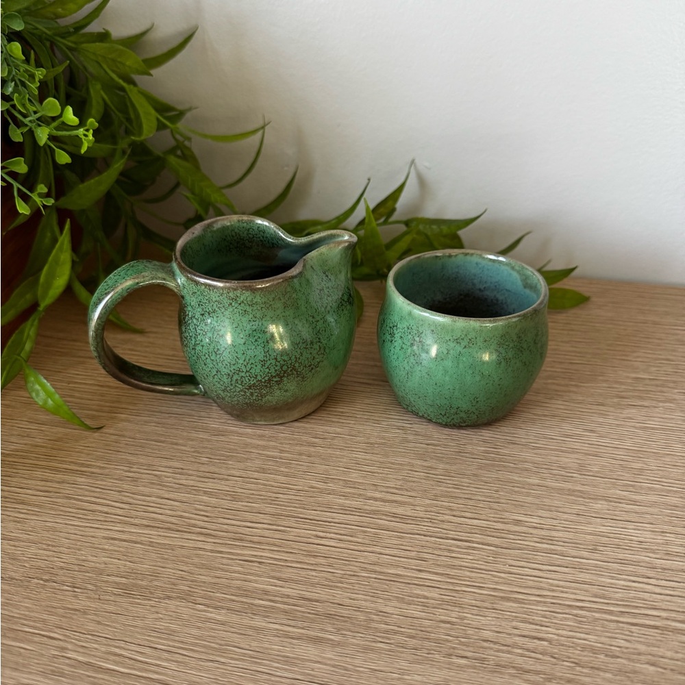 Green Ceramic Creamer and Sugar Set